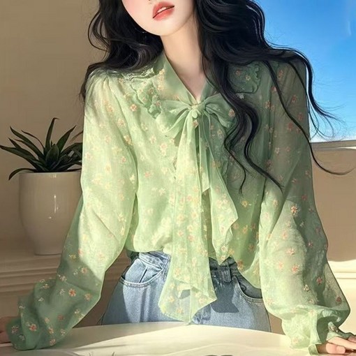 COSYEVNO 여성 봄 여름 쉬폰 블라우스 긴팔 셔츠 리본 넥라인 루즈핏 BCXxfs9