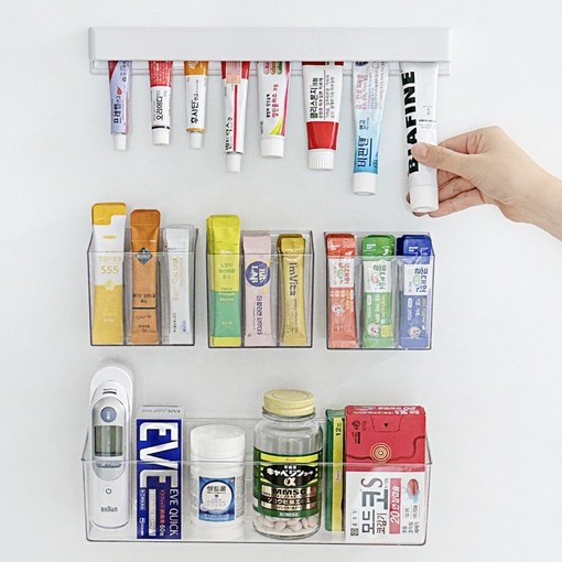 3종세트 공간절약 벽걸이 접착식 칸막이 연고 영양제 약 정리함 3 Set 칸막이형S 3개일반형L 1개 롱 튜브형 1개