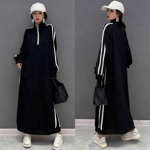 오스틱니 150kg까지 날씬해보이는 원피스 여성 가을 스트라이프 반집업 칼라 제인드 맨투맨 오버핏 이너 긴팔 캐주얼 패션 데일리 클래식배색 빅사이즈 오버사이즈 롱 원피스