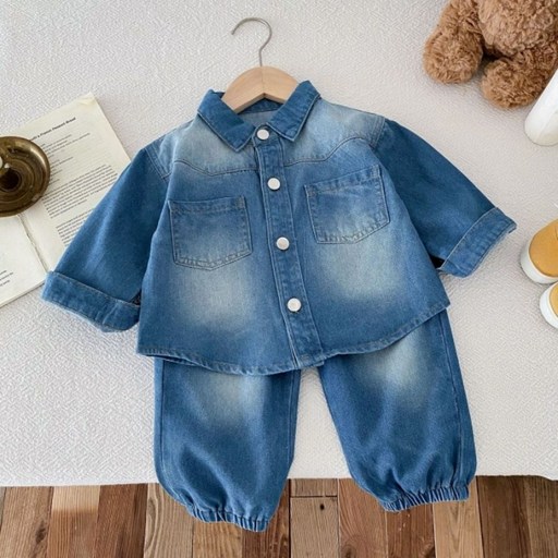 이유몽 아동용 베이직핏 카라넥 데님 워싱 자켓 밴딩 팬츠 투피스 세트 E6S334