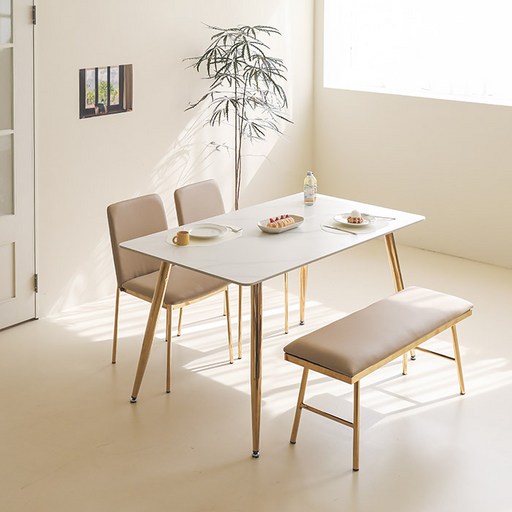 스칸디나 로이 세라믹 사각 4인용 식탁 1400 방문설치, 화이트 마블(상판) + 골드(프레임)