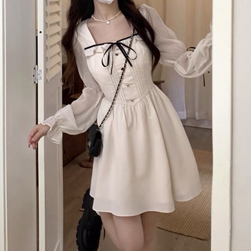 마켓에이 여성용 러블리 스퀘어넥 리본 프릴 플레어 미니원피스