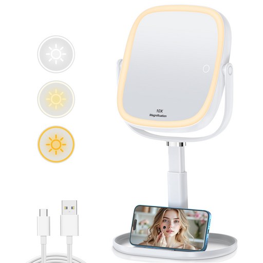 LED 조명 탁상 화장거울 360도회전 1배10배 확대 3000mAh, 화이트