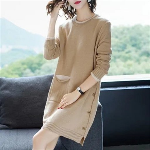 besteffie 중년여성용 미니 니트 원피스 심플한 스타일 버튼입체장식 라운드넥 슬림핏 긴팔 원피스 K39