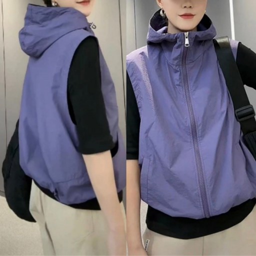 슬림소녀 여성용 여름 민소매 후드집업 데일리 야상 캐주얼 루즈핏 경량 바람막이 조끼 자켓