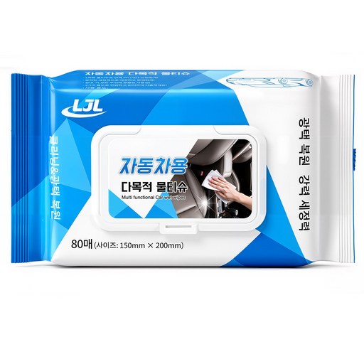 LJL 80매 차량 내부 세정물티슈 차량용 실내 클리닝 물티슈 자동차 가죽 시트 대시보드 오염 제거 다용도 세정 티슈