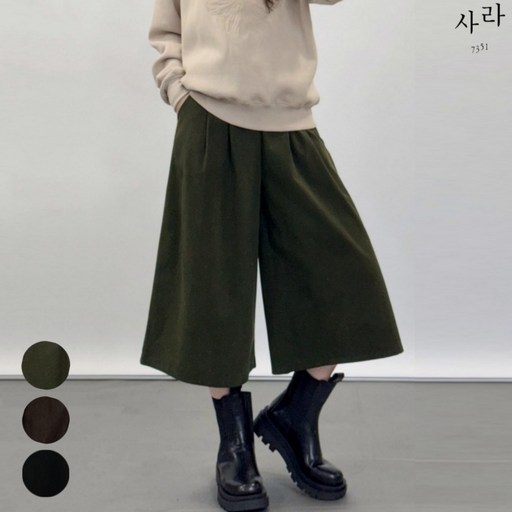 사라7351 여성 골덴 버뮤다 핀턱 와이드 팬츠 8부 스판 뒷밴딩 코듀로이 치마바지 벨트set