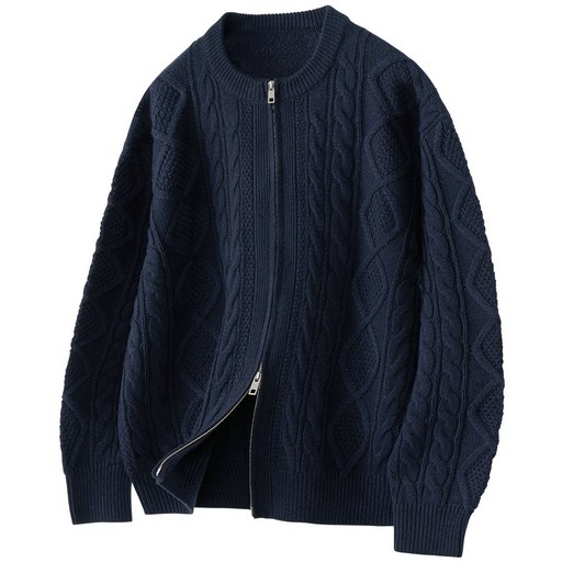 팀스핏 남성용 빅사이즈 오버핏 아란 케이블 라운드 집업 니트 가디건