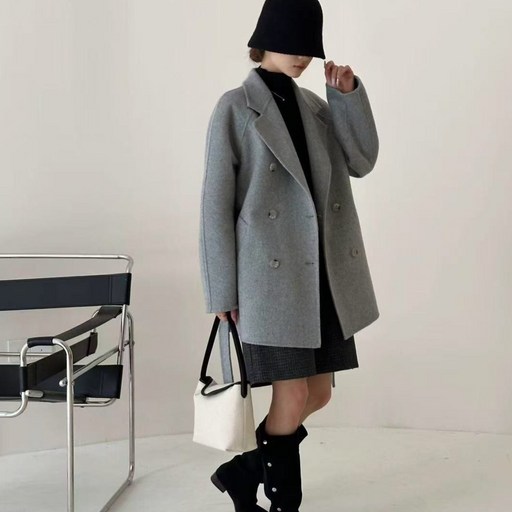 CD 3color 노치드 라펠 카라 더블 브레스트 울 핸드메이드 오버핏 하프 코트