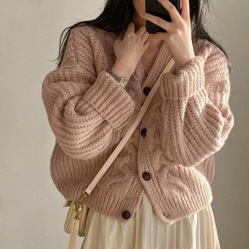 비비에모 여성용 오르쉐 브이넥 꽈배기 루즈핏 니트 가디건 10795