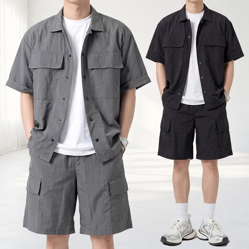 남자 여름 반팔 셔츠 카고 반바지 밴딩 셋업 세트