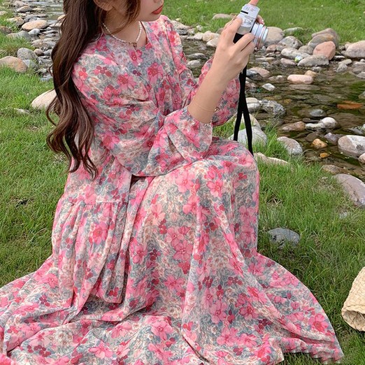 메이첼 라운드넥 프렌치 셔링 플레어 롱 원피스 01675 빅사이즈 포함