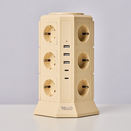 텔로 에디션 타워 멀티탭 17구USB3,CTYPE2 KC인증 접지 안전 고급 멀티탭 선정리 가능한 인테리어 귀여운 디자인 예쁜색상, 2m, 크림레몬, 1개