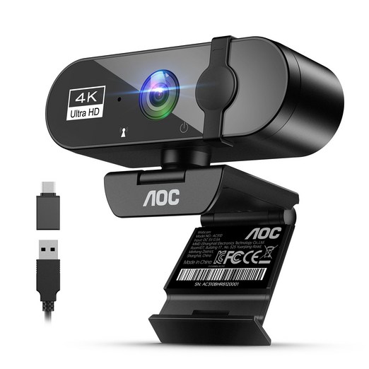 AOC 4K UHD 웹캠 노이즈캔슬링 마이크 내장 PC 화상회의 방송용, 블랙, AC310