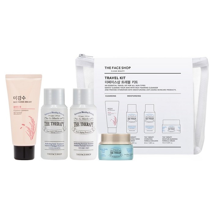 더페이스샵 트래블 키트 클렌징 폼 30ml + 트리트먼트 32ml + 에멀전 32ml + 크림 10ml + 파우치 세트