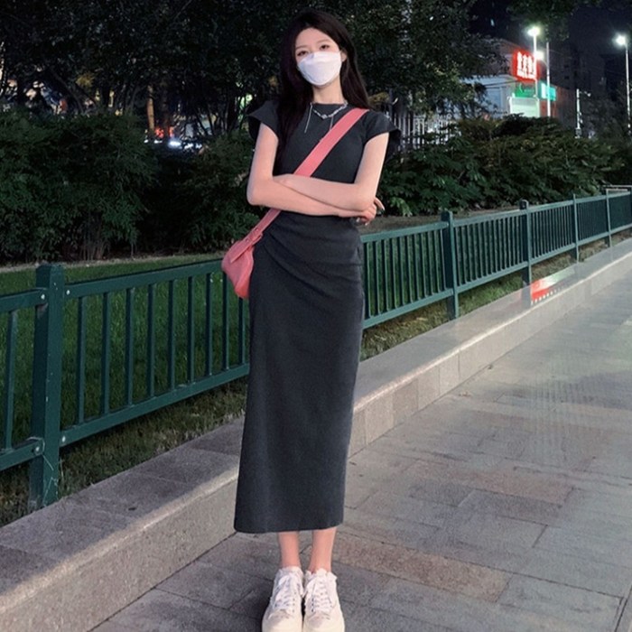 피어니스트 캐주얼 셔링 롱 슬림 반팔 심플 원피스