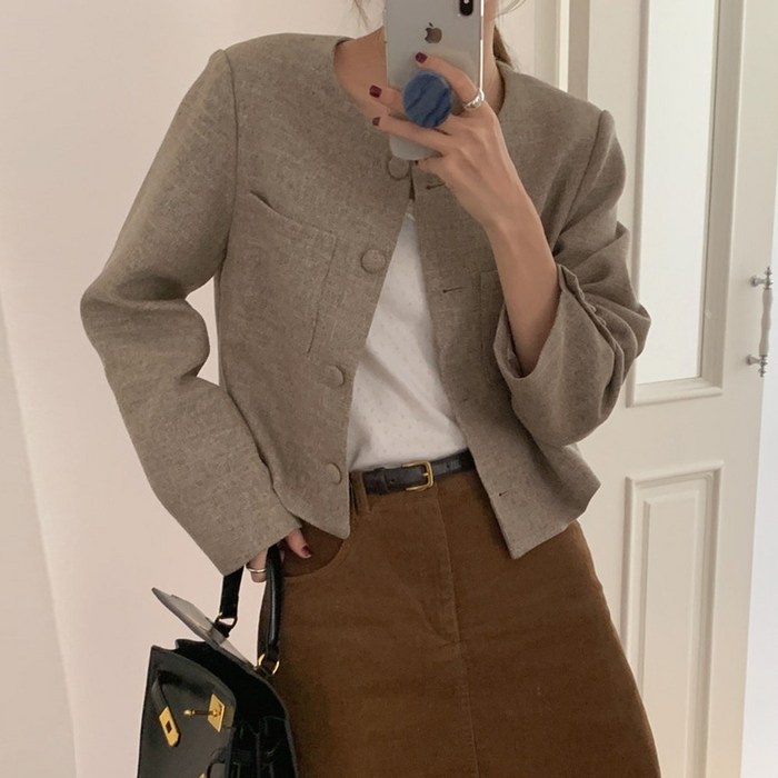 타니즈 여성용 베이커 하객룩 라운드넥 세미크롭 트위드 자켓