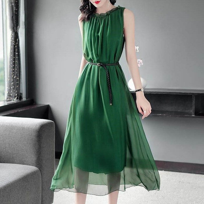 여름 시원한 쉬폰 민소매 원피스 소피트 미디 원피스 허리 조임 쿨원단 가벼운 원피스