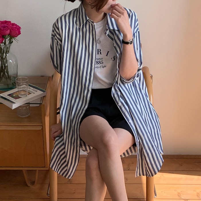 아피나르 여성용 루즈핏 스트라이프 베이직 롱 셔츠