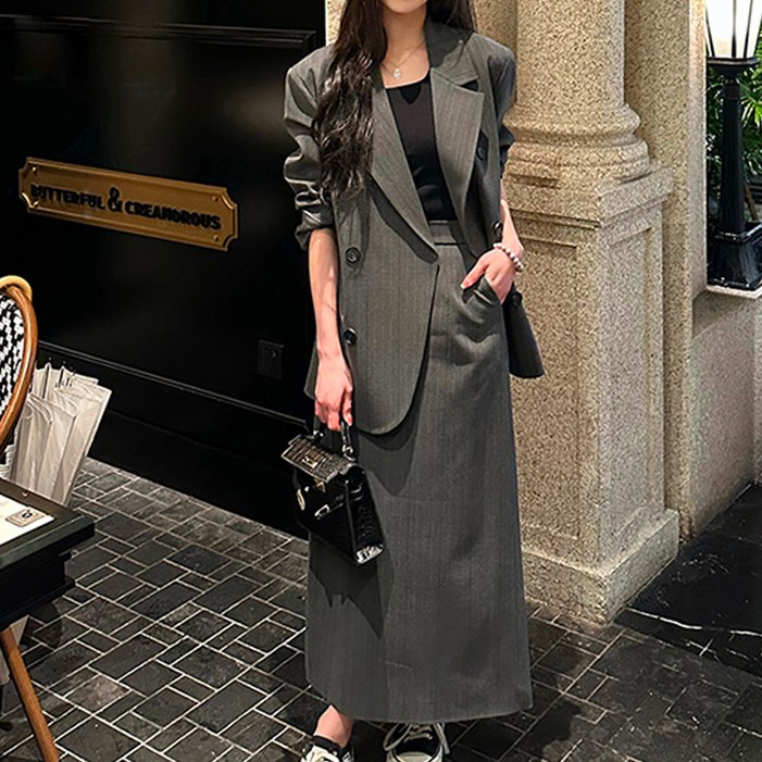 페이퍼먼츠 카라넥 버튼 자켓  롱 스커트 세트 22858