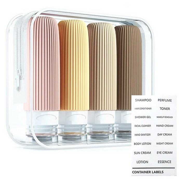무식이네 말랑 실리콘 새지않는 여행용 공병 90ml x 4종  파우치  라벨스티커 세트, 1세트, 혼합색상