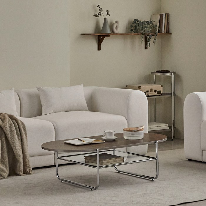 퍼니코 오프 타원 2단 강화유리 거실 소파 테이블 1200, 뉴 월넛