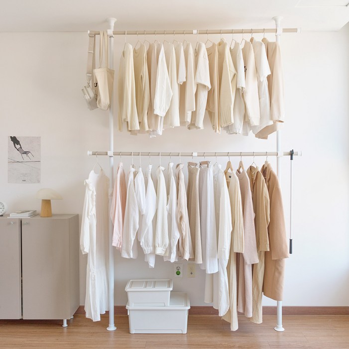 룸앤홈 왕자행거 드레스룸 2단 기본형 설치형행거, 베이지  화이트