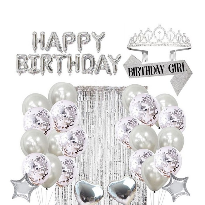 뷰라뷰 생일 파티 왕관 티아라 어깨띠 풍선 파티커튼 풀세트