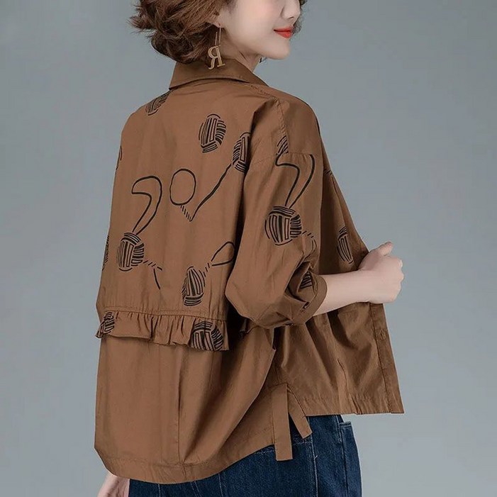 POMTOR 봄가을 상의 중년 여성 코트 블라우스 루즈핏 캐주얼 숏아우터 여성 캐주얼 재킷