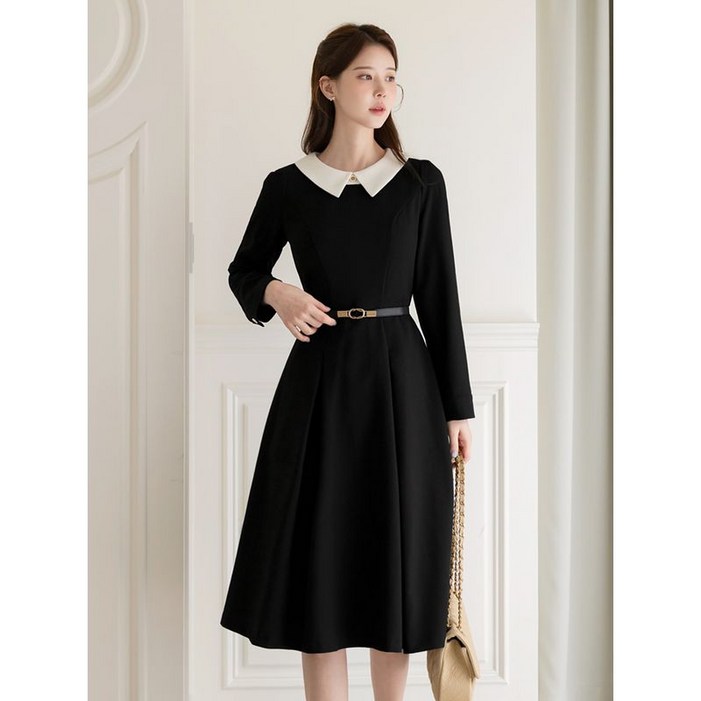 시크라인(~XXL까지) 에이델라 배색 플랫카라 퍼프소매 플레어 원피스 가을 하객룩 오피스룩 모임룩 격식룩 빅사이즈