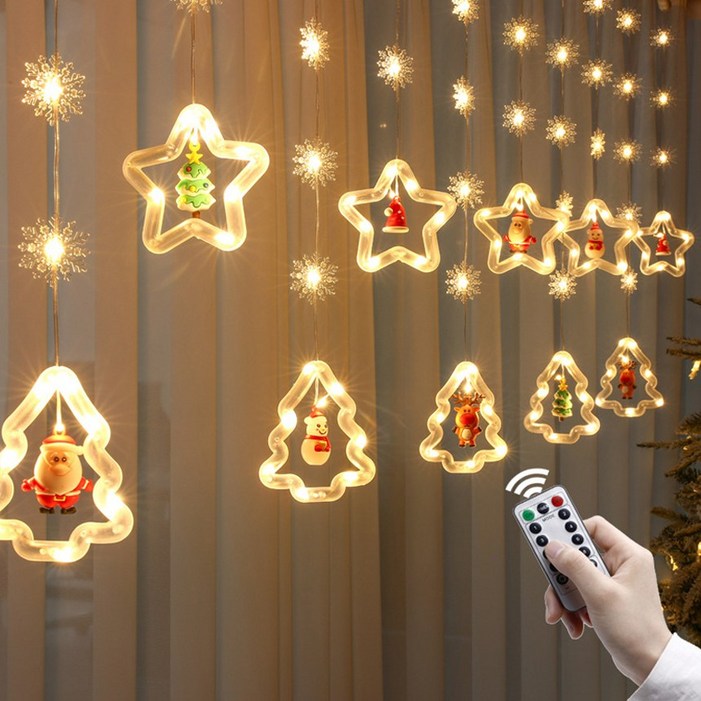 인터지엔 크리스마스 조명 산타 창문 전구 별 트리 장식 커튼 리모콘, 주백색, 1개