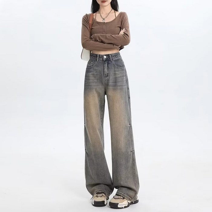 SAHINER 가을 여성용 트렌디 하이웨이스트 와이드핏 워싱 데님 팬츠 LWBNZ52