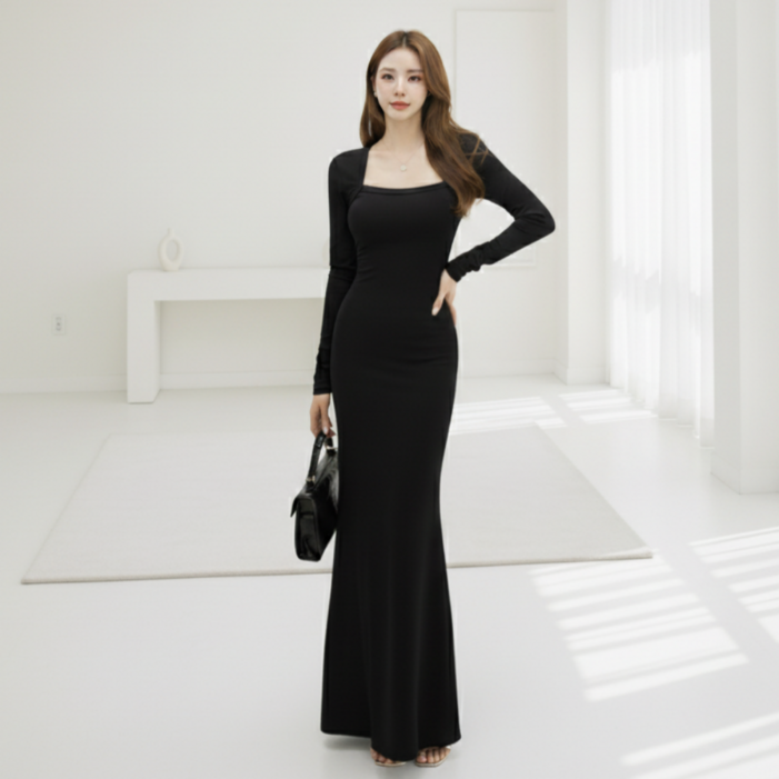 유니크코코 스퀘어넥 슬림 맥시 롱원피스 가을 긴팔 op5776