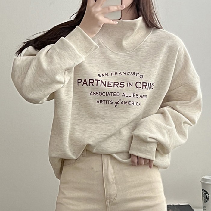 마이쏭 여성 빅사이즈 기모맨투맨 도톰 기모 반목티 크리미오버핏폴라맨투맨기모