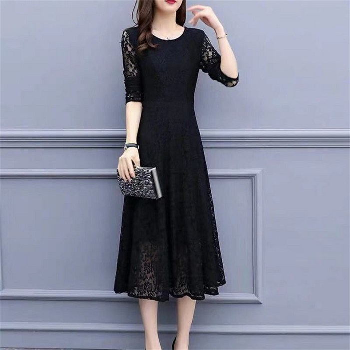 TKX 롱 원피스 중년여성 봄가을 우아한 긴소매 레이스 드레스 상견례룩 K51