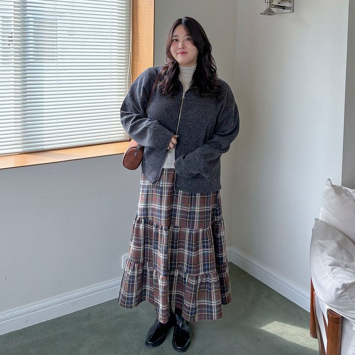 55110 배색 체크 캉캉 롱 스커트 여성 빅사이즈 여자 플러스사이즈