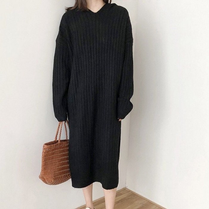 골지 롱 원피스 후드 블랙 봄 겨울 가을 니트 여성 롱원피스 여