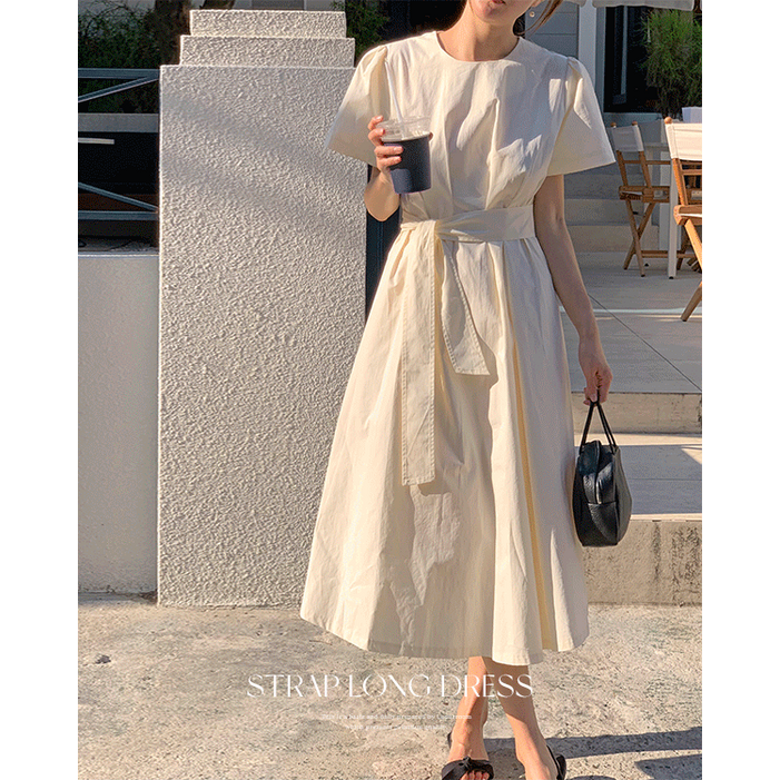 루어스룸 퓨어 여름 코튼 핀턱 주름 반팔 하객 루즈핏 라운드 벨트 플레어 롱 원피스3color