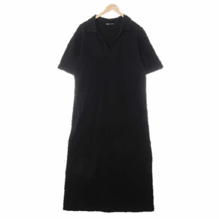 7540 자라 블랙 면혼방 브이넥카라딥슬릿맥시반팔원피스 M