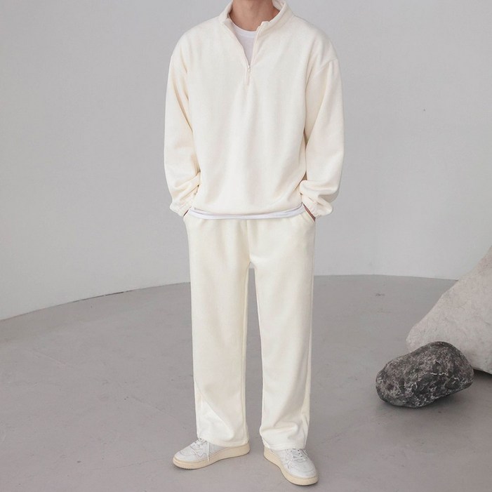 SET베이직바이블 벨리 코듀로이 기모 반집업 와이드 조거 세트 트레이닝 셋업4color