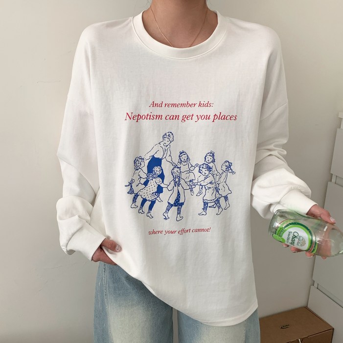 다중성 여성 빅사이즈라운드맨투맨 순면티 루즈핏 프린팅 티셔츠