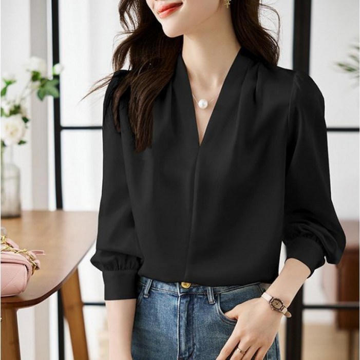 SAHINER 여성 블라우스 V넥 실크핏 긴팔 오피스룩 봄가을 상의 ACS89