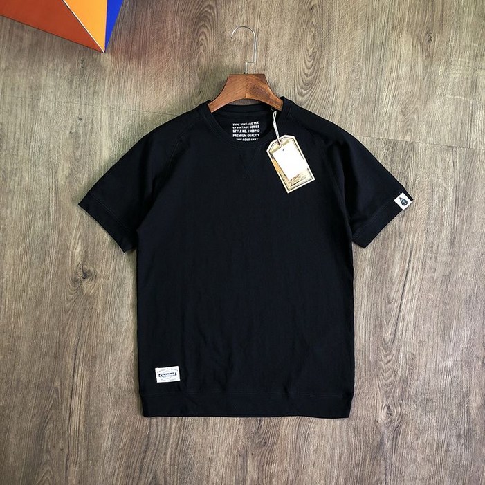 일본 복고풍 래글런스타일 워싱 코튼 하이 그램웨이트 여름 남성 라운드 넥 단색 반팔 티셔츠