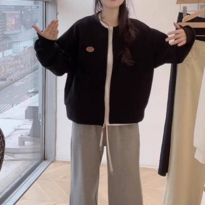 POMTOR 여성 봄 긴팔 맨투맨 라운드 루즈핏 카디건 상의 봄가을 집업 자켓