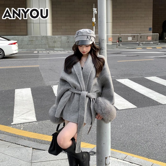ANYOU 여성 핸드메이드 코트 울100%  겨울 파이로 로브 벨트 코트 댄리블 빅사이즈여성의류 겨울  코트 트렌치코트