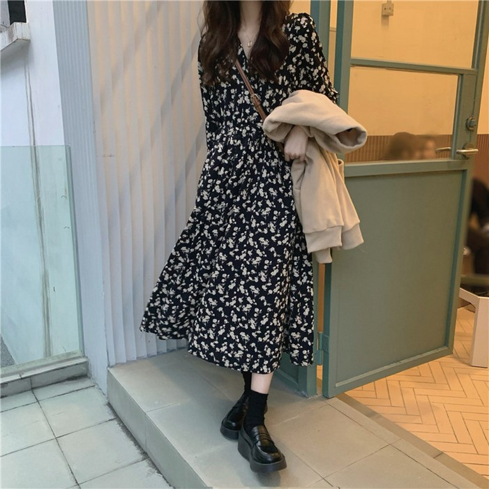 여성 여자 블랙 플라워 쉬폰 잔꽃 롱 원피스 하객룩 긴팔 가을 겨울 롱스커트