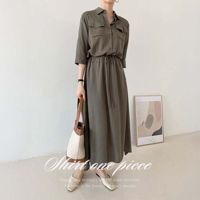 순이 S.여성 허리끈 쉬폰 하객룩 칠부 셔츠 원피스