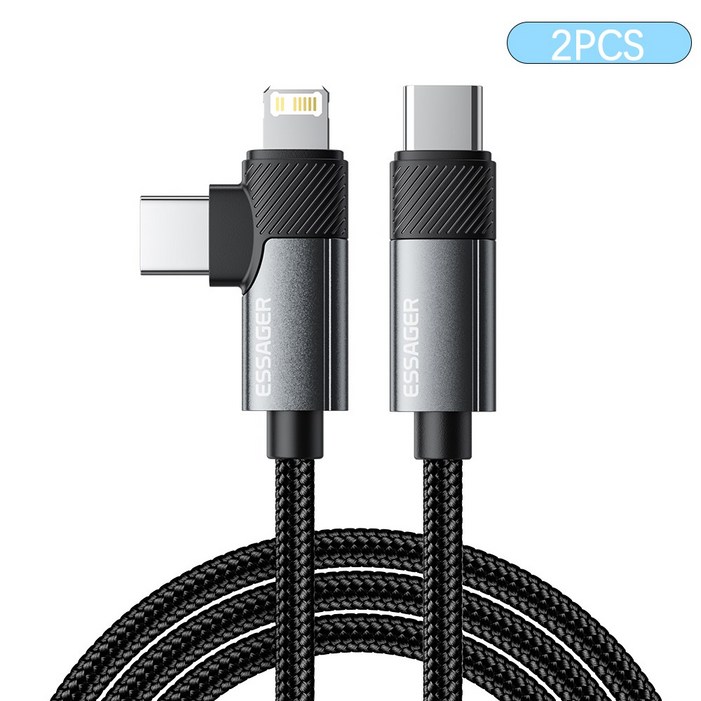 Essager PD 65W 3A C to C타입아이폰8핀 고속충전 케이블, 회색, 2개, 1m