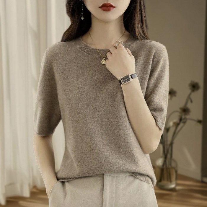 여성용 쇼트 라운드 루즈핏 니트 반팔 티셔츠