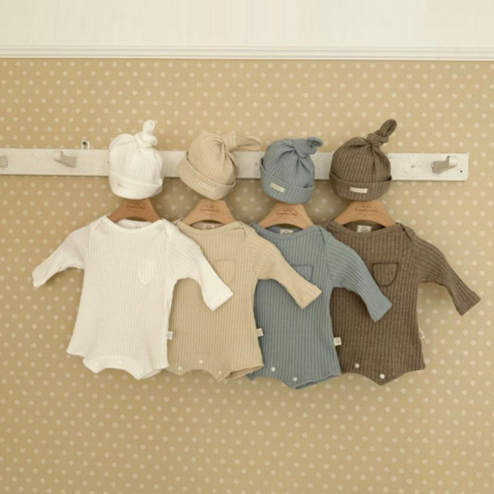 몽베베 배냇저고리 슈트 신생아 긴팔 골지 꼭지모자 보넷 세트